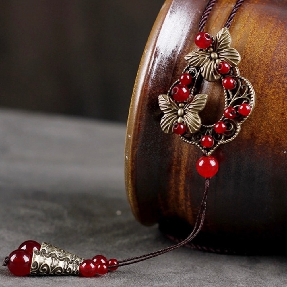 Long Ethnic necklace women's Copper Bowknot Vintage style necklace - Picture 2 of 6